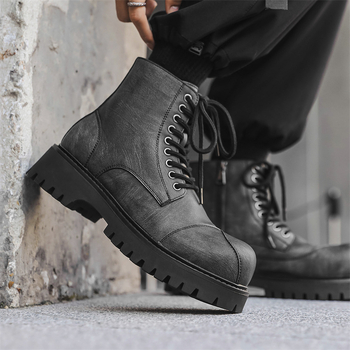 Ghete pentru bărbați Martin, stil britanic, talpă groasă din cauciuc pentru creșterea înălțimii, partea superioară și căptușeala din fibră super