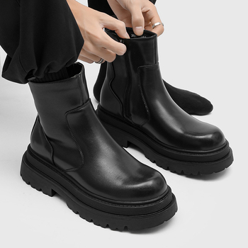 Cizme de bărbați cu talpă groasă, stil motocicletă, glezna înaltă, partea superioară din microfibră, talpă din cauciuc, șiret frontal, model 59690