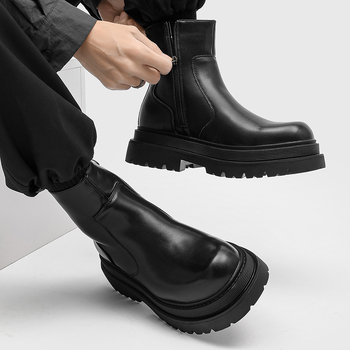 Cizme de bărbați cu talpă groasă, stil motocicletă, glezna înaltă, partea superioară din microfibră, talpă din cauciuc, șiret frontal, model 59690