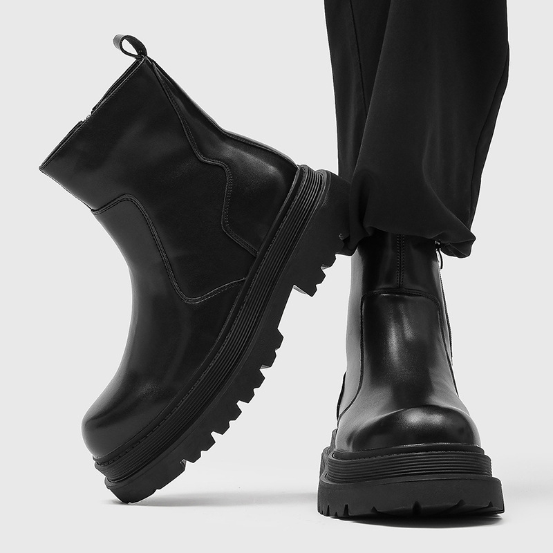 Cizme de bărbați cu talpă groasă, stil motocicletă, glezna înaltă, partea superioară din microfibră, talpă din cauciuc, șiret frontal, model 59690