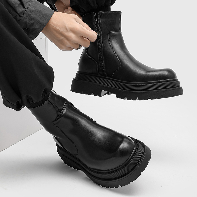 Cizme de bărbați cu talpă groasă, stil motocicletă, glezna înaltă, partea superioară din microfibră, talpă din cauciuc, șiret frontal, model 59690