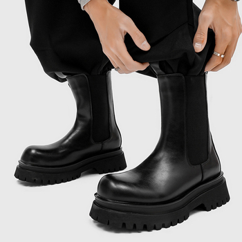 Ghete Martin în stil britanic, înalte, cu talpă groasă din cauciuc, partea superioară din PU artificial, căptușeală din plasă, gambă de înălime medie