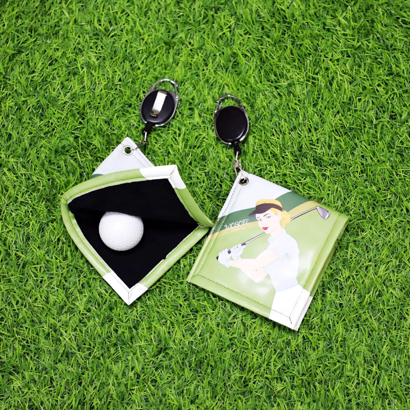 Голф кърпа за почистване на топки със прибиращо се въже и висяща катарама — PU материал, дигитален печат, персонализирано лого