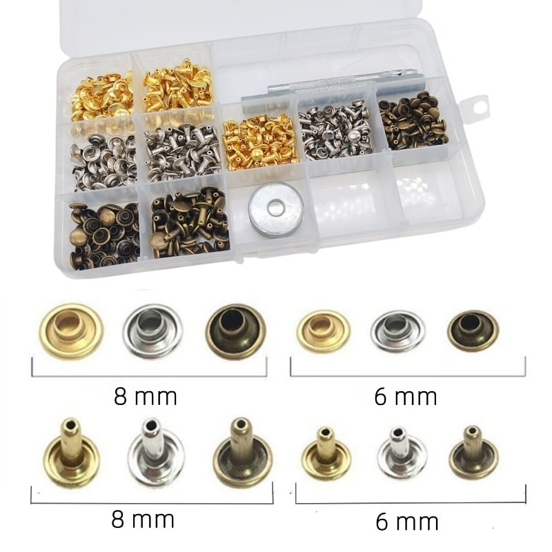 Drabužių metalo aksesuarų rinkinys: kapų smeigtukai, spaustuvai, dekoratyviniai smeigtukai ir plokščios dviejų pusių smeigtukai odai ir audiniams (180 rinkiniai)