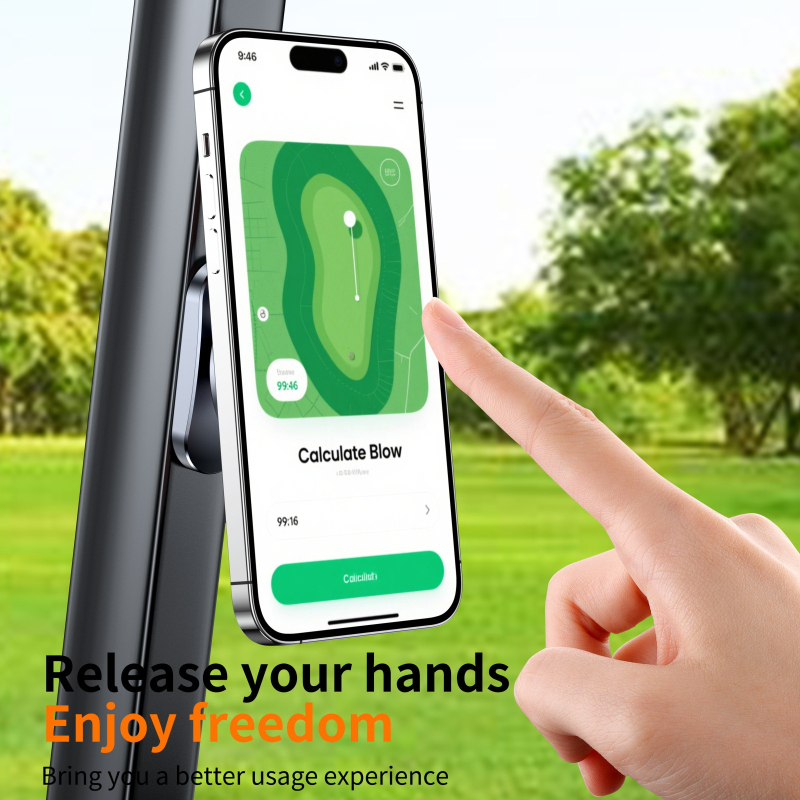 Магнитен държател за мобилен телефон за открита употреба — двустранно магнитно задържане, алуминиева сплав, съвместим с количка за голф, готов за лайв стрийминг