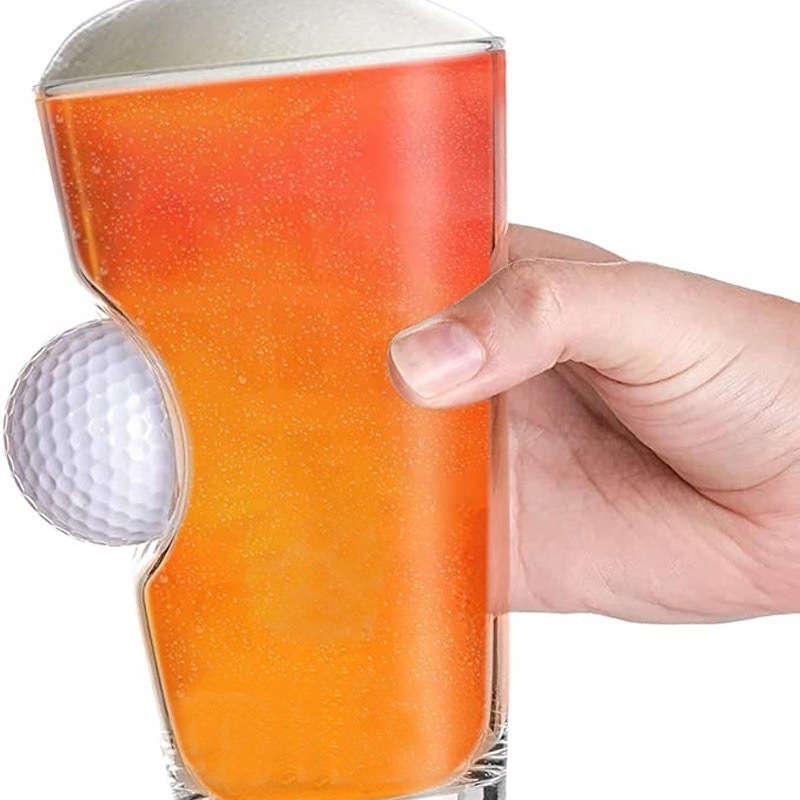 Чаша за бира с вградена голф топка — термоустойчива стъклена чаша, печатано лого, спортен аксесоар за голф