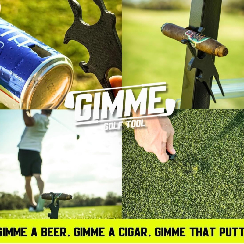 Golfa daudzfunkcionāls instruments ar cigarešu turētāju un alus pudeles atvērēju, nav 3D drukāts, modernā mākslas stilā.