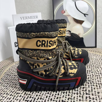 Ghete de zăpadă cu înălțime mare, imprimeu leopard, partea superioară Tarpaulin, talpă din cauciuc, căptușeală din lână de oaie