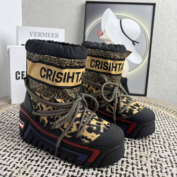 Ghete de zăpadă cu înălțime mare, imprimeu leopard, partea superioară Tarpaulin, talpă din cauciuc, căptușeală din lână de oaie