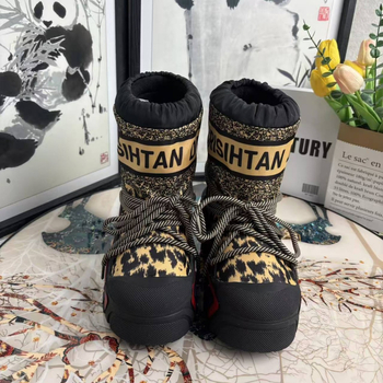 Cizme de zăpadă cu înălțime mare, exterior impermeabil, talpă din cauciuc, branț din lână de oaie, imprimeu leopard, seria Prințesa, iarnă 2025