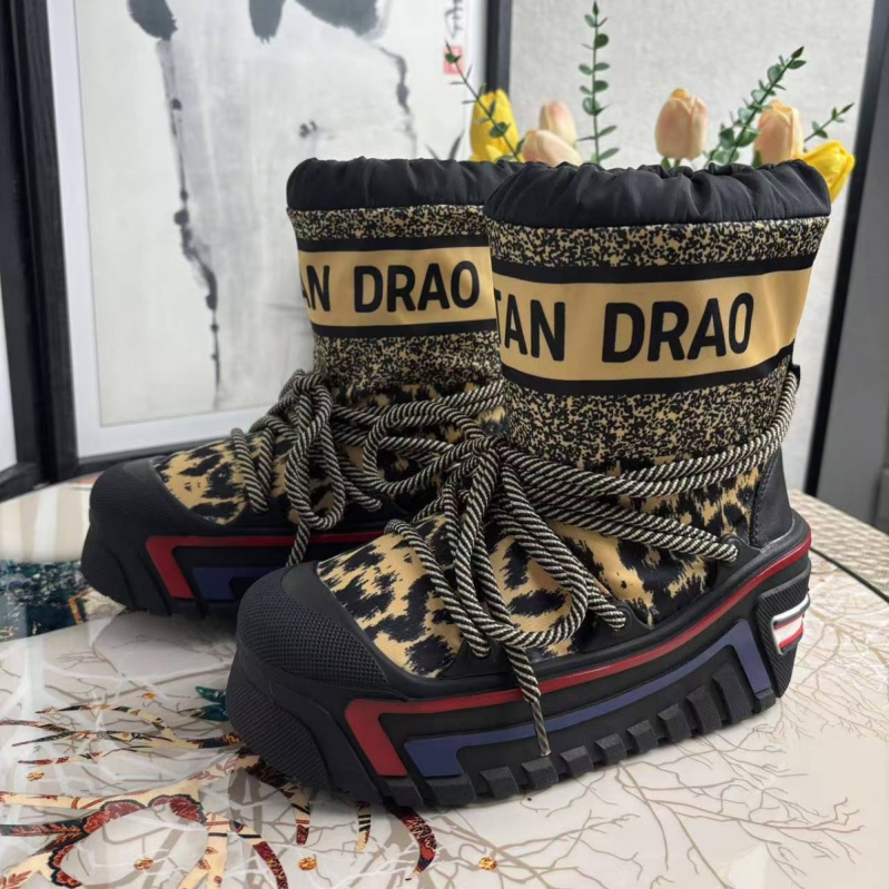 Cizme de zăpadă cu înălțime mare, exterior impermeabil, talpă din cauciuc, branț din lână de oaie, imprimeu leopard, seria Prințesa, iarnă 2025