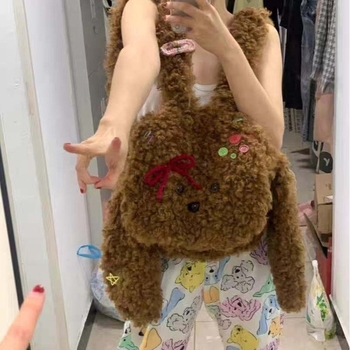 Чанта през рамо Tote с плюшено мече‑популярен мотив, свеж и сладък стил; материал: плюш; есен 2025 издание; цип за отваряне; вътрешен ламиниран джоб