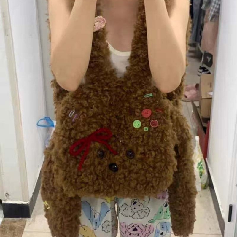 Чанта през рамо Tote с плюшено мече‑популярен мотив, свеж и сладък стил; материал: плюш; есен 2025 издание; цип за отваряне; вътрешен ламиниран джоб