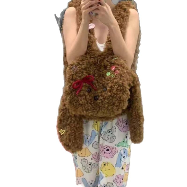 Чанта през рамо Tote с плюшено мече‑популярен мотив, свеж и сладък стил; материал: плюш; есен 2025 издание; цип за отваряне; вътрешен ламиниран джоб