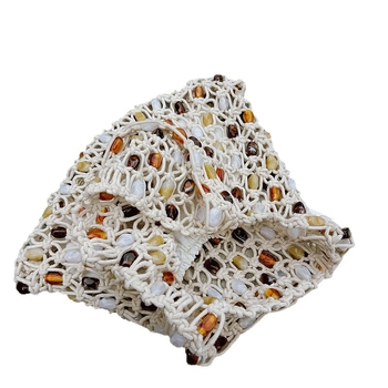 Pamukasta platnena torbica za rame, jastučastog oblika, perforirani dizajn s perlicama, retro inspiracija, otvoreni vrh, džep za mobitel