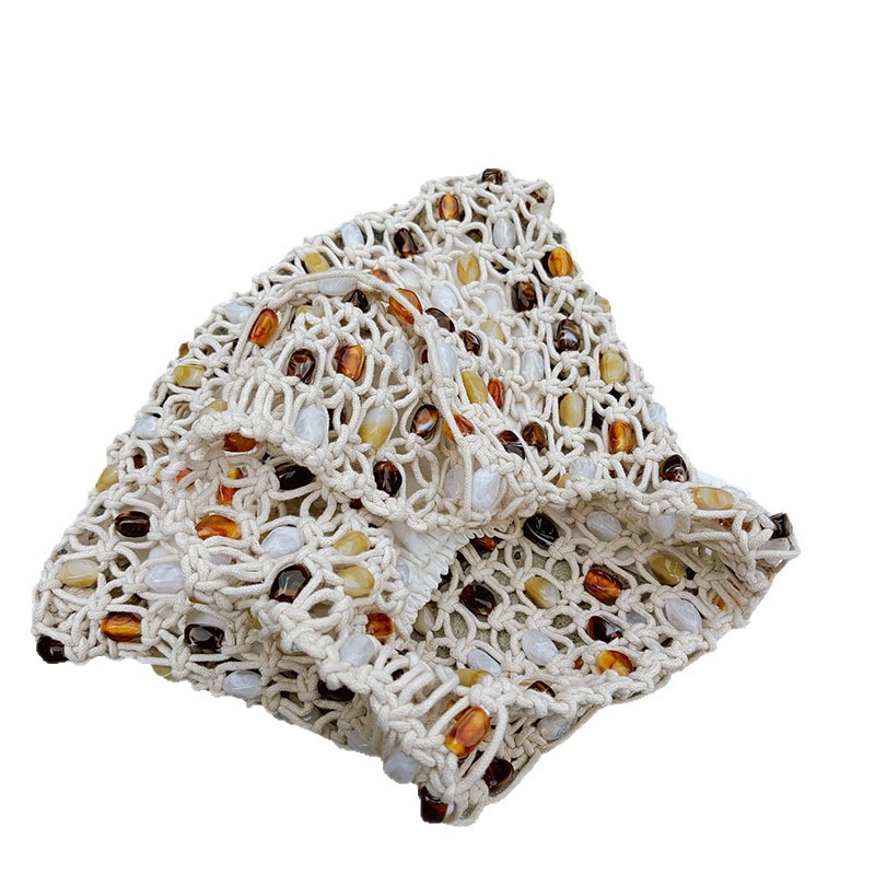 Pamukasta platnena torbica za rame, jastučastog oblika, perforirani dizajn s perlicama, retro inspiracija, otvoreni vrh, džep za mobitel