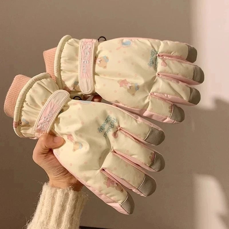 Ръкавици за ски с мечешка тема, подплатени с флийс, термални, ветроустойчиви, от Oxford плат