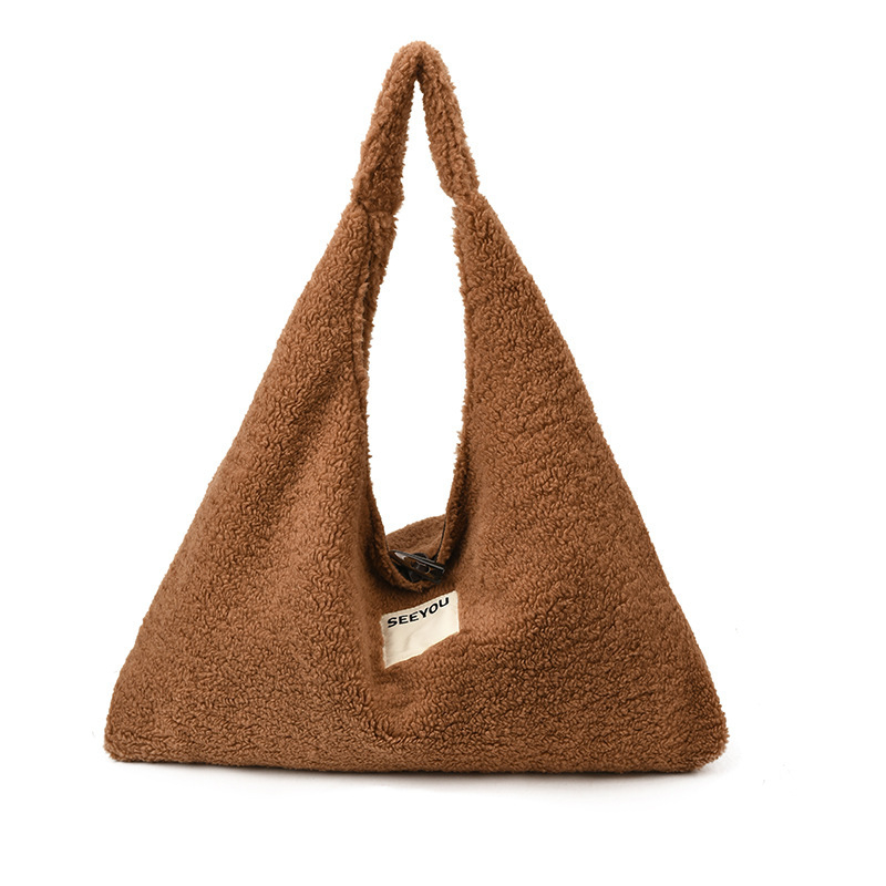 Plush lambswool tote kott, ämberkujuline vorm, klõpsuga suletav, sisemine zip-kott ja dokumentide kott, polüesteri vooder