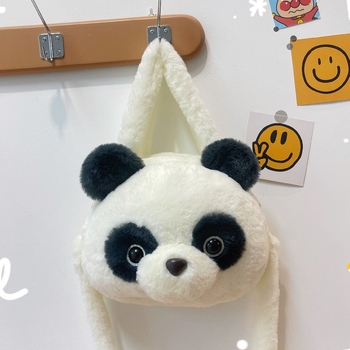 Geantă crossbody cu cap panda din pluș, formă rotundă, închidere cu fermoar, căptușeală din poliester