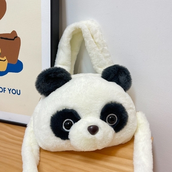 Geantă crossbody cu cap panda din pluș, formă rotundă, închidere cu fermoar, căptușeală din poliester