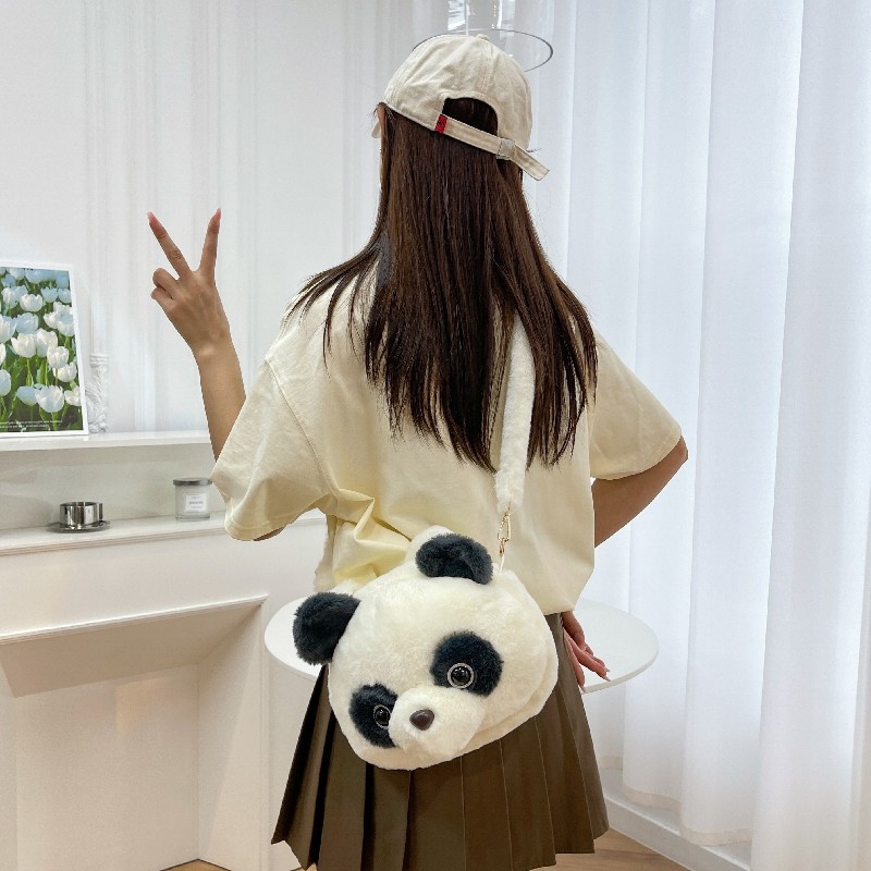 Geantă crossbody cu cap panda din pluș, formă rotundă, închidere cu fermoar, căptușeală din poliester