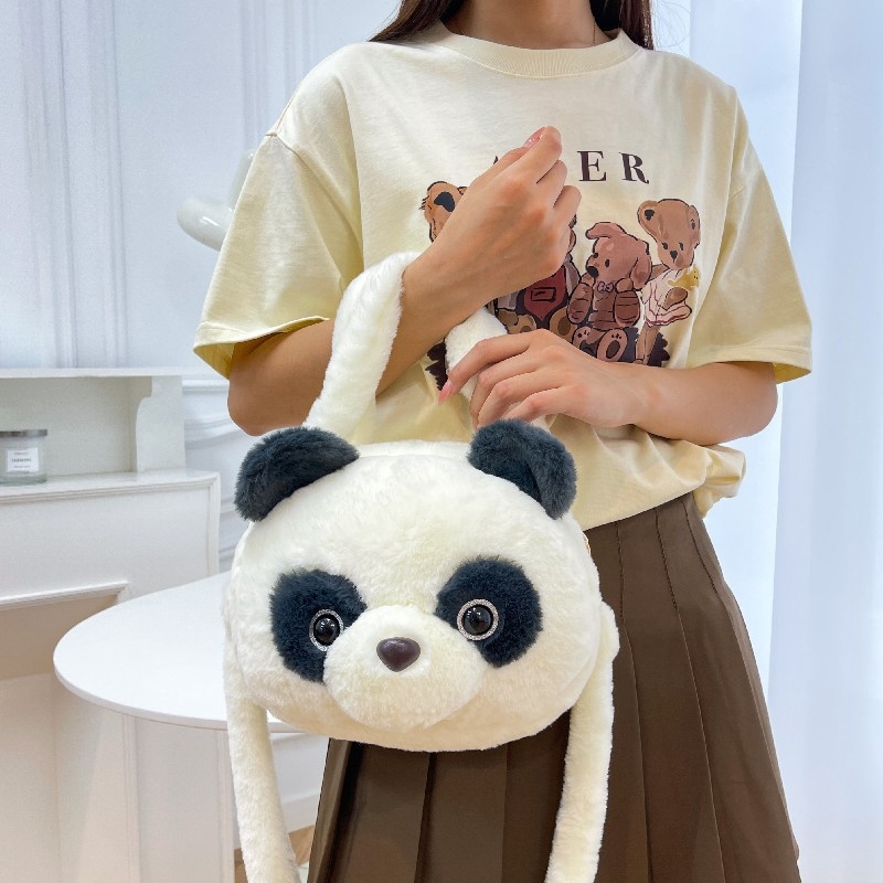 Geantă crossbody cu cap panda din pluș, formă rotundă, închidere cu fermoar, căptușeală din poliester