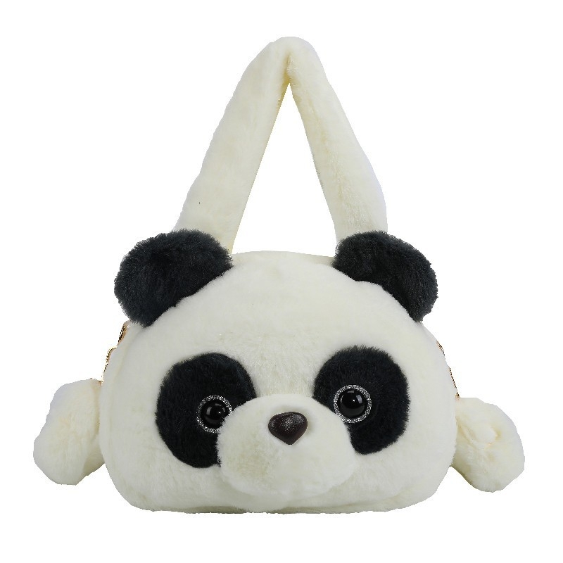 Geantă crossbody cu cap panda din pluș, formă rotundă, închidere cu fermoar, căptușeală din poliester