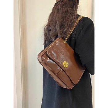 Geantă crossbody din PU, formă orizontală pătrată, închidere cu lacăt, buzunar ascuns cu fermoar, curea pe umăr cu o singură curea