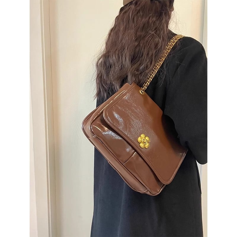 Geantă crossbody din PU, formă orizontală pătrată, închidere cu lacăt, buzunar ascuns cu fermoar, curea pe umăr cu o singură curea