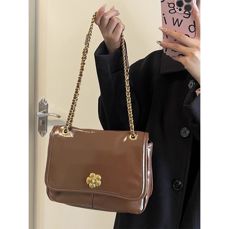 Geantă crossbody din PU, formă orizontală pătrată, închidere cu lacăt, buzunar ascuns cu fermoar, curea pe umăr cu o singură curea