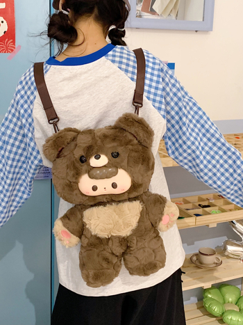 Дамска раница с плюшено мече – свеж и сладък стил, Материал: плюш, Подплата: найлон, Начин на затваряне: цип, Зимен сезон 2025