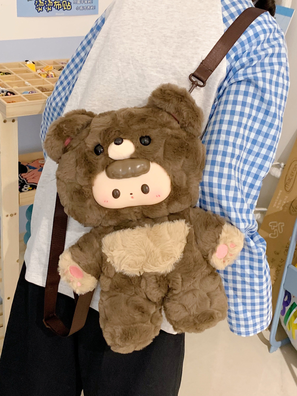 Дамска раница с плюшено мече – свеж и сладък стил, Материал: плюш, Подплата: найлон, Начин на затваряне: цип, Зимен сезон 2025