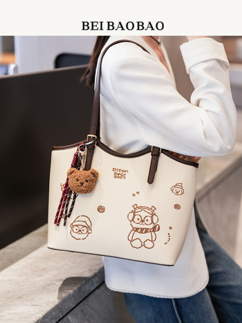 Sieviešu PU tote soma ar lāča motīvu, lielas ietilpības, rāvējslēdzējs, poliestera iekšpuse, dubultās siksnas