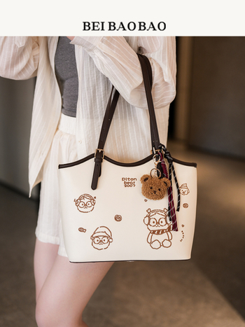 Sieviešu PU tote soma ar lāča motīvu, lielas ietilpības, rāvējslēdzējs, poliestera iekšpuse, dubultās siksnas