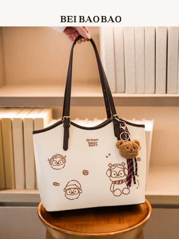 Sieviešu PU tote soma ar lāča motīvu, lielas ietilpības, rāvējslēdzējs, poliestera iekšpuse, dubultās siksnas