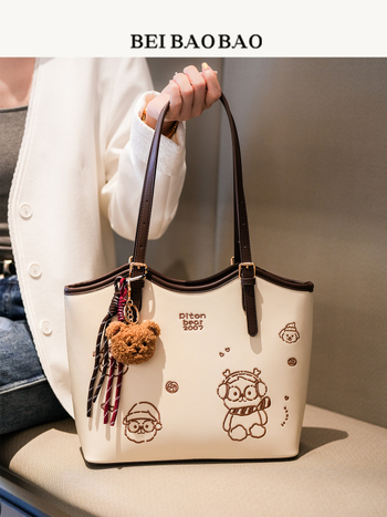 Sieviešu PU tote soma ar lāča motīvu, lielas ietilpības, rāvējslēdzējs, poliestera iekšpuse, dubultās siksnas