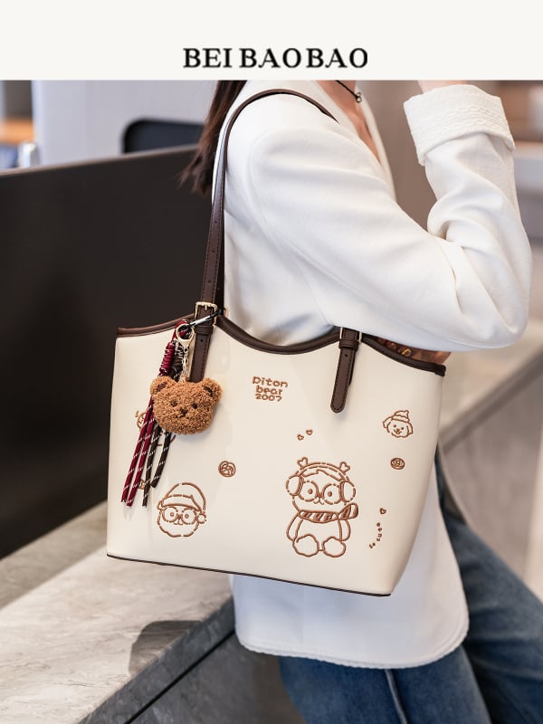 Sieviešu PU tote soma ar lāča motīvu, lielas ietilpības, rāvējslēdzējs, poliestera iekšpuse, dubultās siksnas