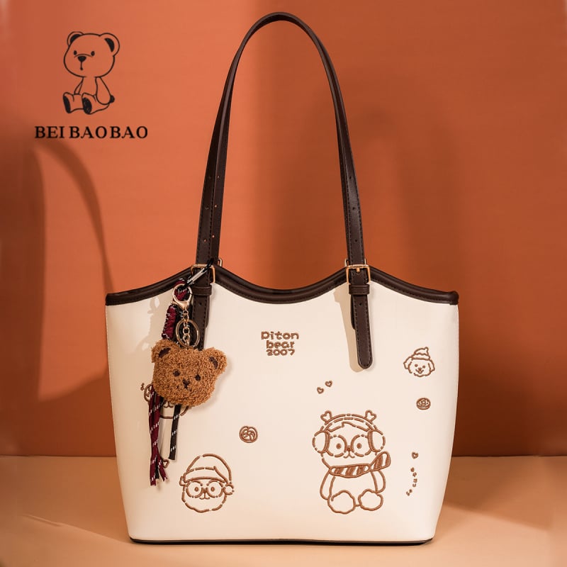 Sieviešu PU tote soma ar lāča motīvu, lielas ietilpības, rāvējslēdzējs, poliestera iekšpuse, dubultās siksnas