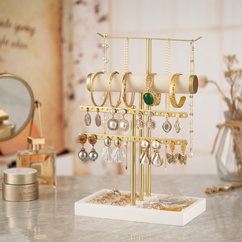 Stalak za nakit na stol, 5 slojeva, metalni okvir, T-oblik, kućište od masivnog drva, ručna željezna izrada