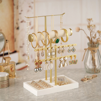 Stalak za nakit na stol, 5 slojeva, metalni okvir, T-oblik, kućište od masivnog drva, ručna željezna izrada