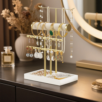 Stalak za nakit na stol, 5 slojeva, metalni okvir, T-oblik, kućište od masivnog drva, ručna željezna izrada