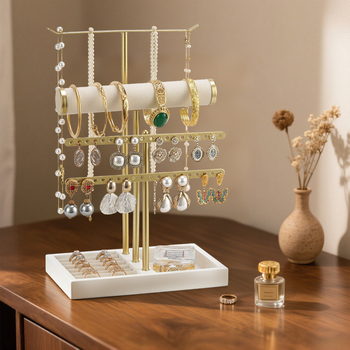 Stalak za nakit na stol, 5 slojeva, metalni okvir, T-oblik, kućište od masivnog drva, ručna željezna izrada