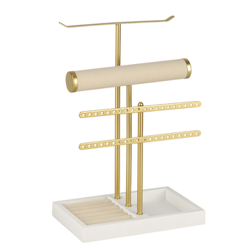 Stalak za nakit na stol, 5 slojeva, metalni okvir, T-oblik, kućište od masivnog drva, ručna željezna izrada