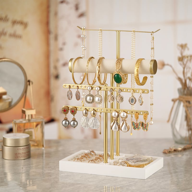 Stalak za nakit na stol, 5 slojeva, metalni okvir, T-oblik, kućište od masivnog drva, ručna željezna izrada