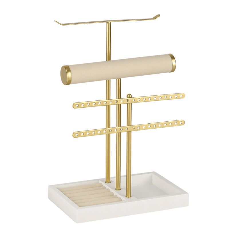 Stalak za nakit na stol, 5 slojeva, metalni okvir, T-oblik, kućište od masivnog drva, ručna željezna izrada