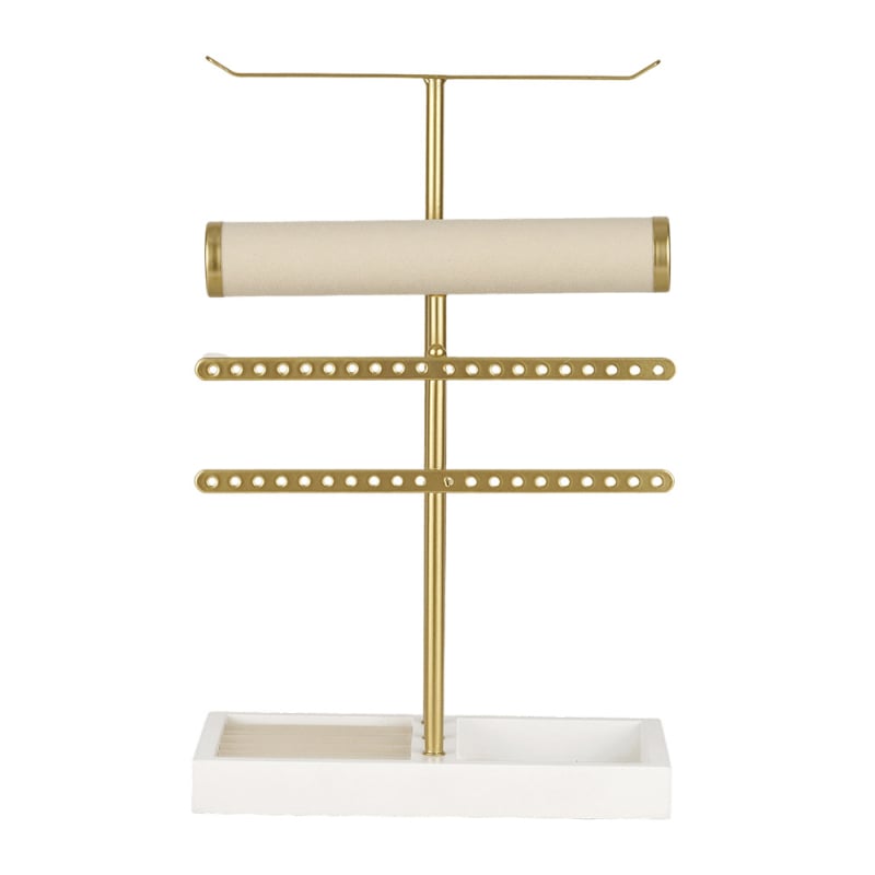 Stalak za nakit na stol, 5 slojeva, metalni okvir, T-oblik, kućište od masivnog drva, ručna željezna izrada