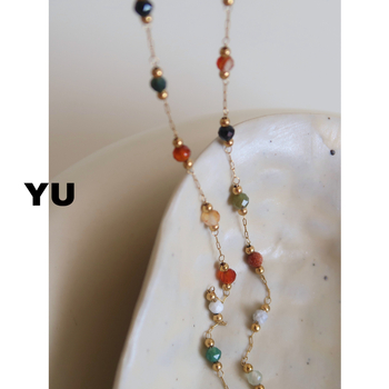 Colier din oțel titan, lanț bambus, pandantiv cu pietre mixte, finisaj cristal, unisex