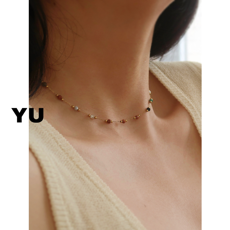 Colier din oțel titan, lanț bambus, pandantiv cu pietre mixte, finisaj cristal, unisex