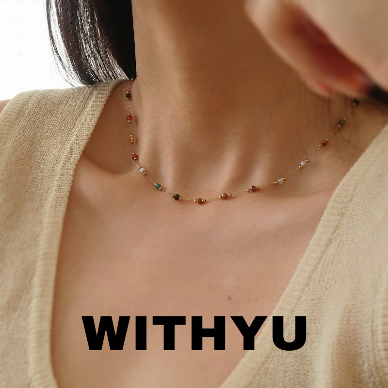 Colier din oțel titan, lanț bambus, pandantiv cu pietre mixte, finisaj cristal, unisex