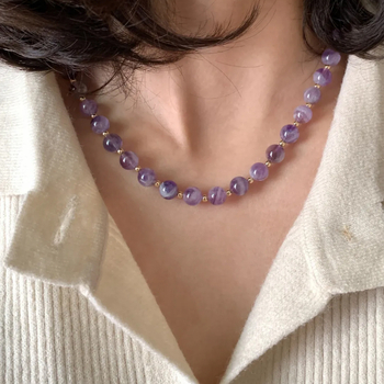 Ametista kristāla kaklarota, nišas dizains, vienkāršs pērļu stils, vara ar zelta pārklājumu